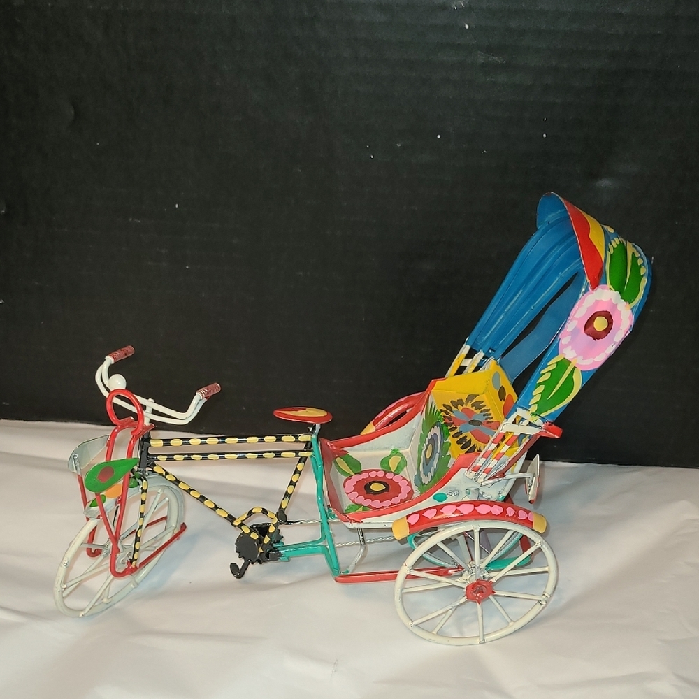 Vintage Handmade Painted Tin Rickshaw Bicycle Decorative Art